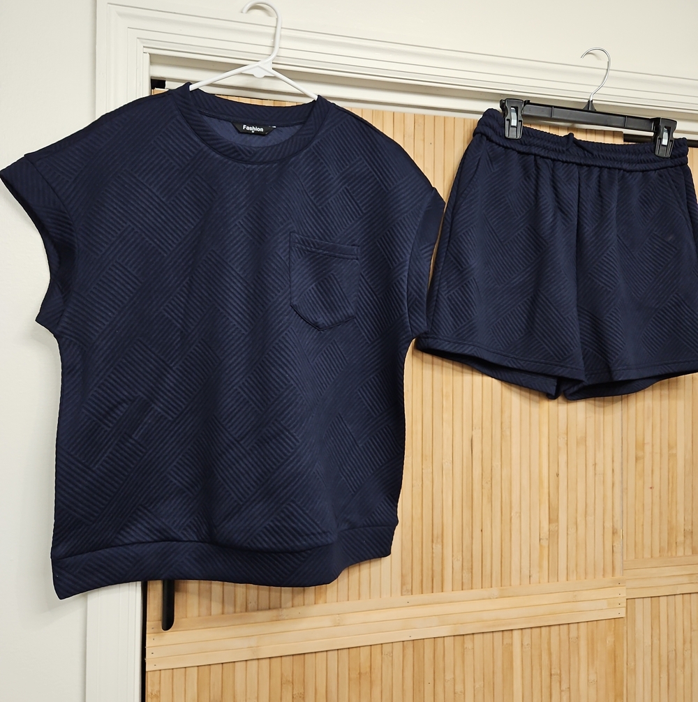 Womens Navy Textured Shorts Set